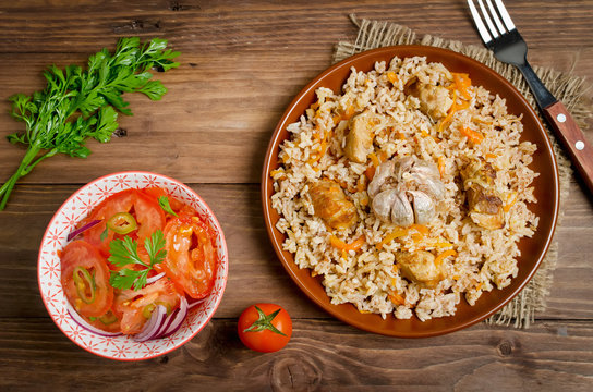 Rice pilaf with meat and vegetables