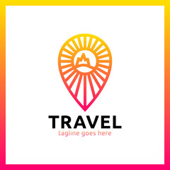 Line travel pin logo. Sun, sea, mountain logotype,