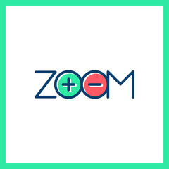 Zoom Logo t-shirt. Text logotype plus and minus. Outline style