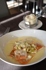 Tomato ravioli with delicious cheese cucumber sauce
