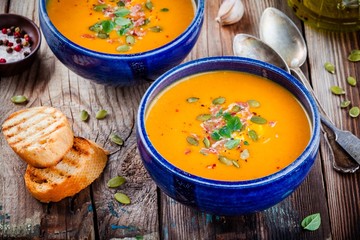 homemade autumn butternut squash soup with pumpkin seeds, bacon and basil