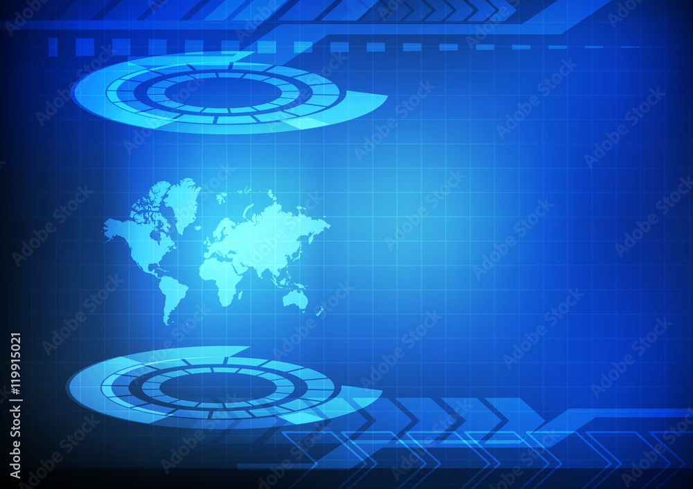 Poster vector : world map with abstract circle and arrows on blue backg