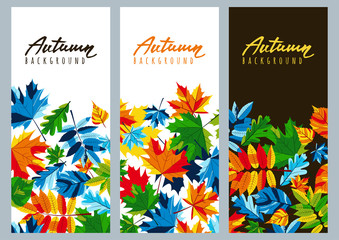 Set of fall banners with multicolor maple autumn leaves. Vector autumnal illustrations and calligraphy lettering. Design elements for poster, banner, flyer backgrounds.