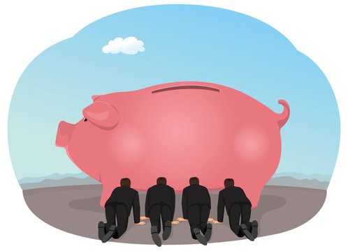 Group of businessmen feeding from piggy bank. Savings and earnings. Crisis economy.