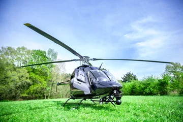 Poster Black with gray stripes helicopter standing on green grass field getting ready to fly over blue sky. © LazorPhotography