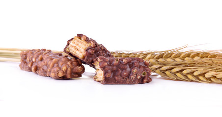 Wafer chocolate dessert on white background.