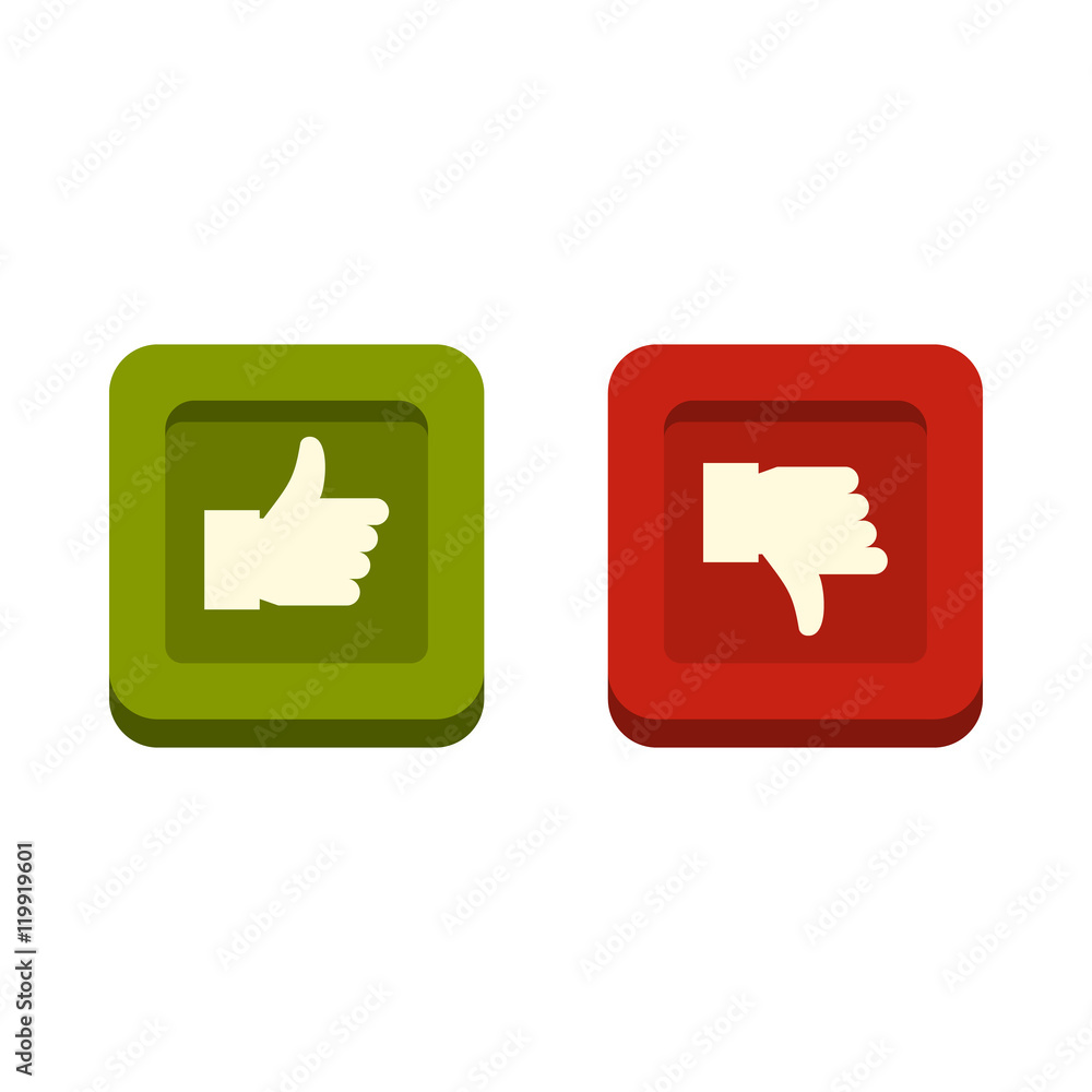 Poster signs hand up and down in squares icon in flat style isolated on white background. click and choice 