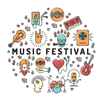 Music festival poster template, musical collage of isolated line art icons arranged in a circle, round symbol. Music infographics, rock, jazz concert, vector design