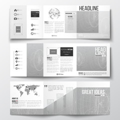 Vector set of tri-fold brochures, square design templates. Molecular construction with connected lines and dots, scientific pattern on gray background.