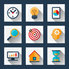 Business marketing concept icons set in flat design style. Symbols of search, analysis, idea, development, time management, goal etc. Vector illustration