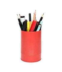 Red office pot with pencils and pens on a white background - 119921429
