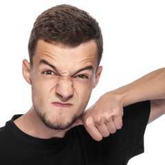 Obraz premium Gesturing a cutting motion on her throat.