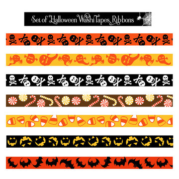 Halloween washi tape scrapbook ribbon items in orange, yellow, black and white colors.