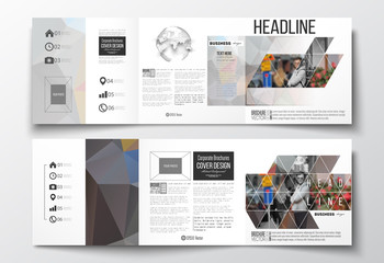 Set of tri-fold brochures, square design templates. Polygonal background, blurred image, urban landscape, cityscape, modern triangular texture