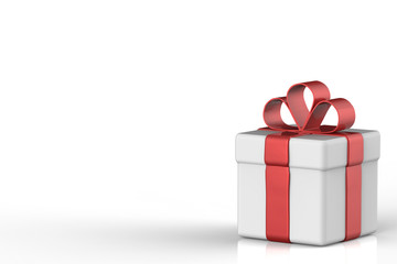 white gift box with red ribbon bow on white background