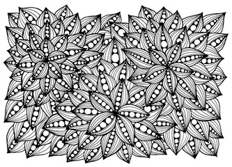 Floral card. Hand drawn artwork with abstract flowers. Background for web, printed media design. Mehendi henna doodle style. Black and white pattern.