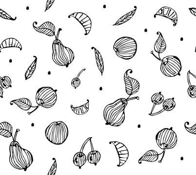 Fruit background. Black and white image of fruits and berries.