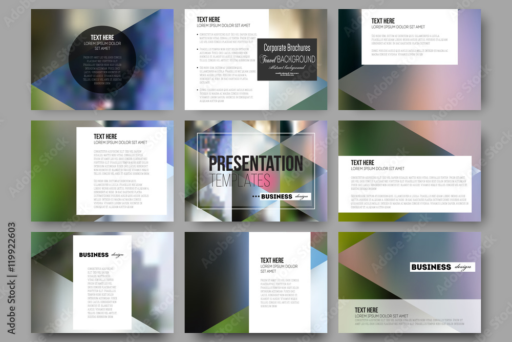 Poster set of 9 templates for presentation slides. abstract multicolored background, blurred nature landsca