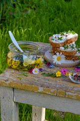 Sandwich with cottage cheese,  black pepper and thyme