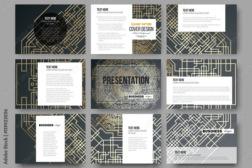 Poster set of 9 templates for presentation slides. golden technology pattern on dark background with connec