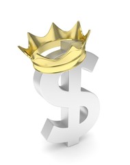 Isolated silver dollar sign with golden crown on white background. Concept of making profit, income. Currency sign. American money. 3D rendering.