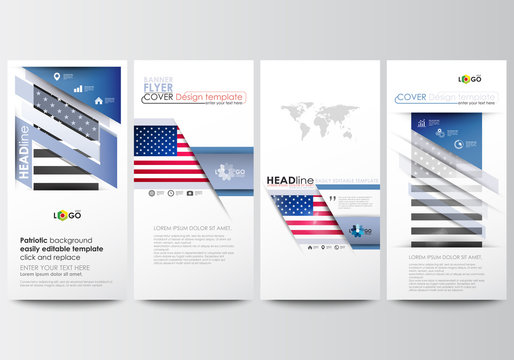 Flyers set, modern banners. Business templates. Cover design template, easy editable, abstract flat layouts. Patriot Day background with american flag, vector illustration