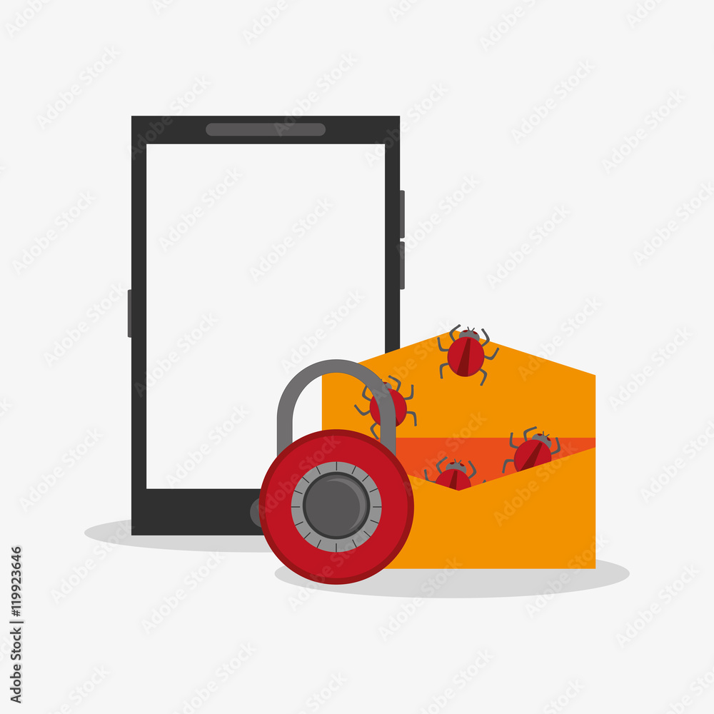 Poster cellphone with safety lock and envelope with bugs virus representation system security design