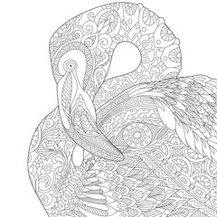 Fototapeta premium Stylized flamingo bird, isolated on white background. Freehand sketch for adult anti stress coloring book page with doodle and zentangle elements.