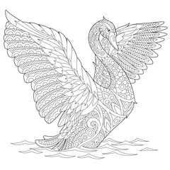 Obraz premium Stylized beautiful swan, isolated on white background. Freehand sketch for adult anti stress coloring book page with doodle and zentangle elements.