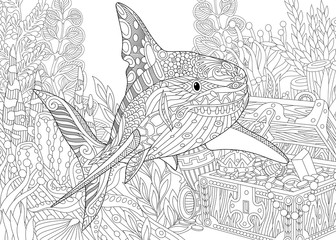 Stylized underwater composition of shark, seaweed, corals and treasure chest full of gold. Freehand sketch for adult anti stress coloring book page with doodle and zentangle elements.
