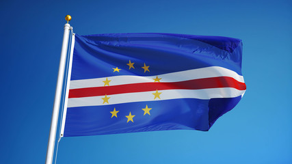 Cape Verde flag waving against clean blue sky, close up, isolated with clipping path mask alpha channel transparency