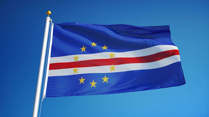 Cape Verde flag waving against clean blue sky, close up, isolated with clipping path mask alpha channel transparency