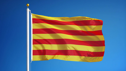Catalunya flag waving against clean blue sky, close up, isolated with clipping path mask alpha channel transparency