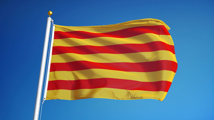 Catalunya flag waving against clean blue sky, close up, isolated with clipping path mask alpha channel transparency