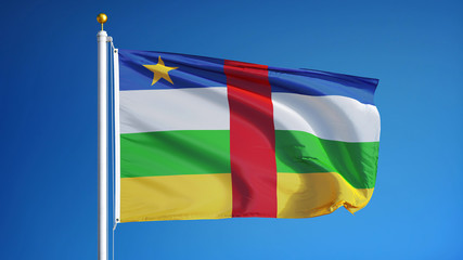 Central African Republic flag waving against clean sky, close up, isolated with clipping path mask alpha channel transparency
