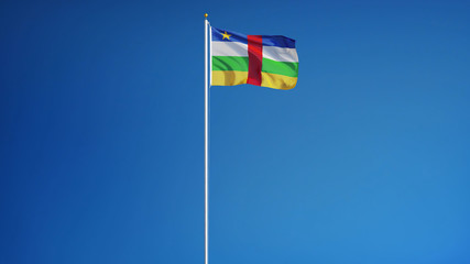 Central African Republic flag waving against clean sky, long shot, isolated with clipping path mask alpha channel transparency