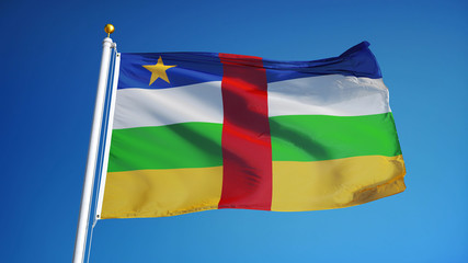 Central African Republic flag waving against clean sky, close up, isolated with clipping path mask alpha channel transparency