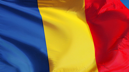 Chad flag waving against clean blue sky, close up, isolated with clipping path mask alpha channel transparency
