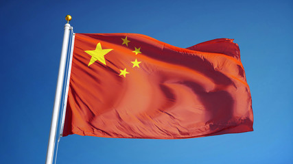Fototapeta premium China flag waving against clean blue sky, close up, isolated with clipping path mask alpha channel transparency
