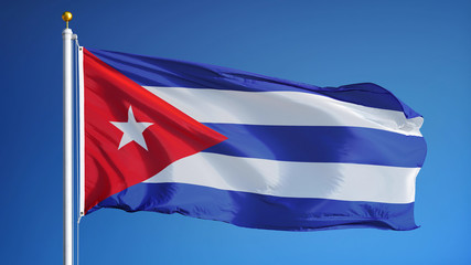 Cuba flag waving against clean blue sky, close up, isolated with clipping path mask alpha channel transparency
