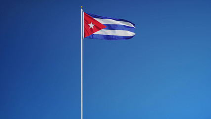 Cuba flag waving against clean blue sky, long shot, isolated with clipping path mask alpha channel transparency