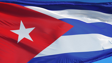 Cuba flag waving against clean blue sky, close up, isolated with clipping path mask alpha channel...