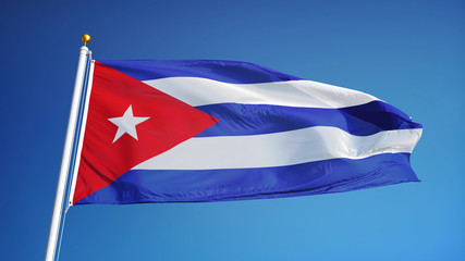 Cuba flag waving against clean blue sky, close up, isolated with clipping path mask alpha channel transparency
