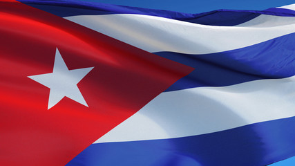Cuba flag waving against clean blue sky, close up, isolated with clipping path mask alpha channel...