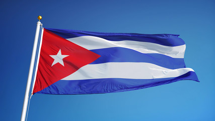 Cuba flag waving against clean blue sky, close up, isolated with clipping path mask alpha channel transparency