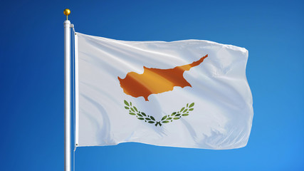 Cyprus flag waving against clean blue sky, close up, isolated with clipping path mask alpha channel...