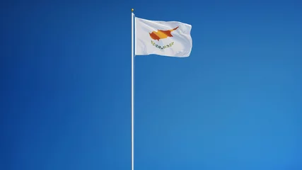 Gordijnen Cyprus flag waving against clean blue sky, long shot, isolated with clipping path mask alpha channel transparency © railwayfx