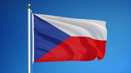 Czech flag waving against clean blue sky, close up, isolated with clipping path mask alpha channel transparency