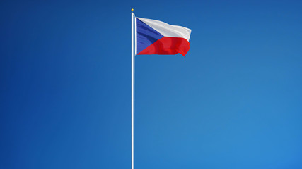 Czech flag waving against clean blue sky, long shot, isolated with clipping path mask alpha channel transparency