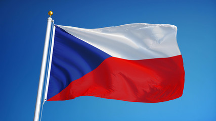 Fototapeta na wymiar Czech flag waving against clean blue sky, close up, isolated with clipping path mask alpha channel transparency